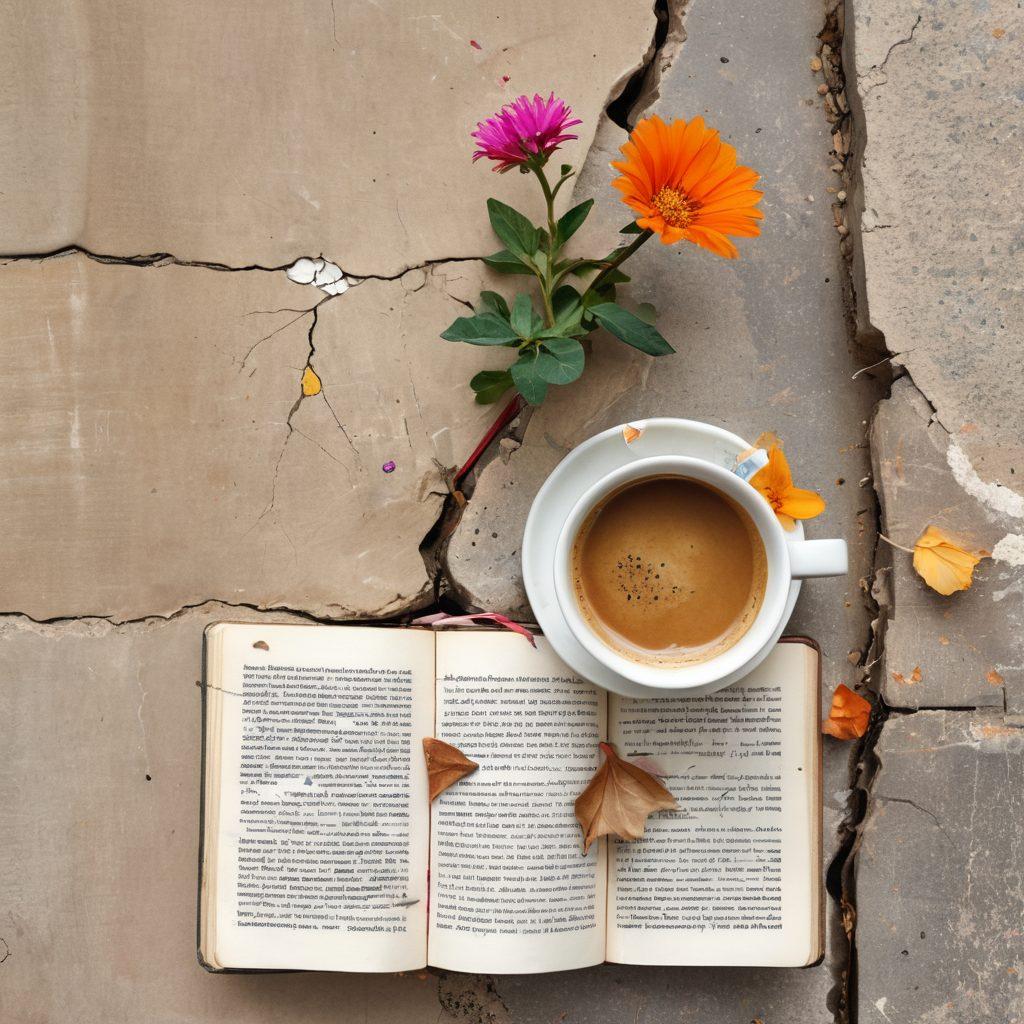 A whimsical collage showcasing imperfect objects and lifestyle choices: a cracked coffee cup, a tattered book, and a vibrant flower growing through a crack in a sidewalk. Background featuring a playful mix of handwritten notes and doodles that represent entertaining narratives. Warm, inviting color palette with a touch of surrealism. watercolor style. vibrant colors.