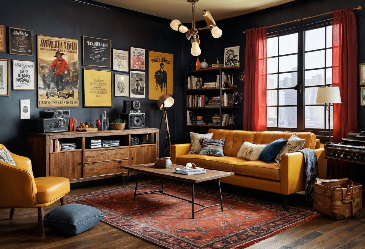 A beautifully chaotic scene showcasing a mix of rugged lifestyle elements like vintage furniture and natural textures amidst vibrant snippets of entertainment, like film reels and musical notes floating in the air. The background should be a bold urban setting, illustrating the contrast between rough and refined. Incorporate scattered quotes or headlines about trends artistically woven into the design. The color palette should be rich and inviting, embodying a sense of warmth and authenticity. super-realistic. vibrant colors. 3D.