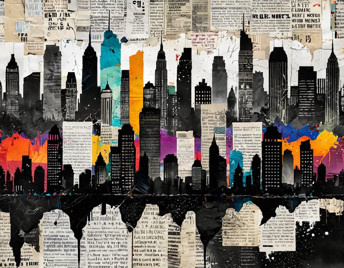 A collage of diverse opinions depicted through torn newspaper clippings and rough-edged paper with vibrant splashes of color, representing current trends. Include bold headlines and thought bubbles for unfiltered insights. Background features an abstract city skyline to symbolize modernity. Incorporate textures that give a raw, edgy feel. vibrant colors. mixed media. gritty aesthetic.